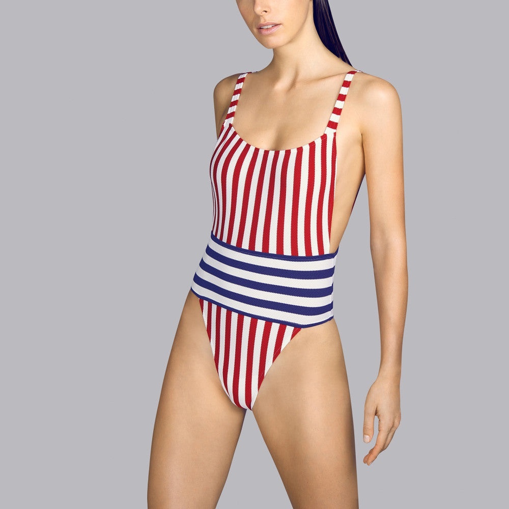 Striped High Leg One Piece Swimsuit